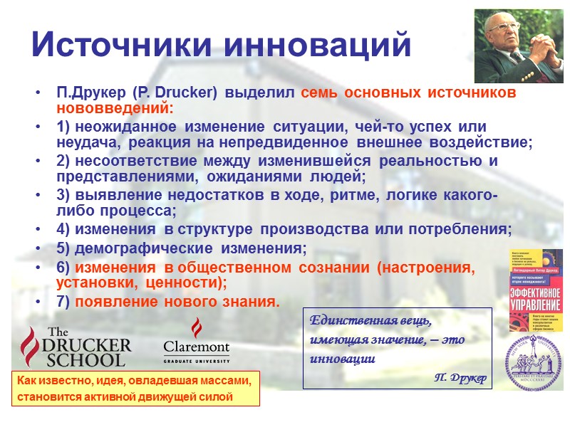 Источники инноваций П.Друкер (P. Drucker) выделил семь основных источников нововведений: 1) неожиданное изменение ситуации, Источники инноваций П.Друкер (P. Drucker) выделил семь основных источников нововведений: 1) неожиданное изменение ситуации,